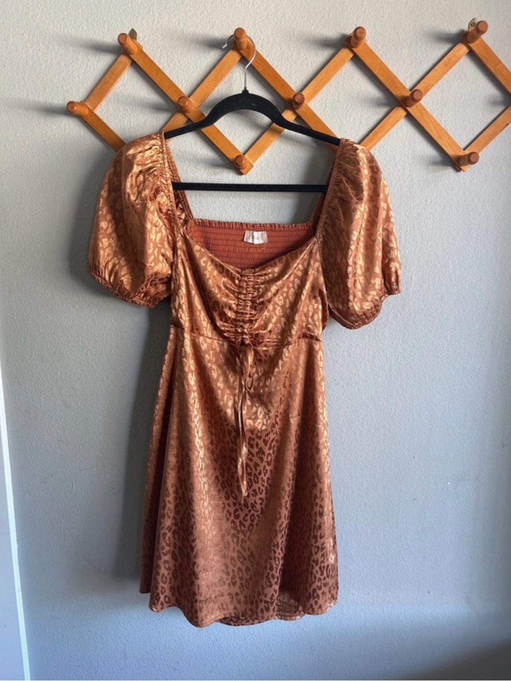 Altar'd State Copper Leopard-Print Satin Puff Sleeve Mini Dress